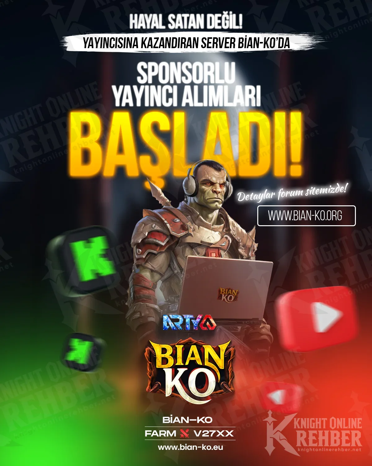 BianKO sponsored streamer poster: an orc with a headset at a laptop, Kick and YouTube logos, Farm V27XX text