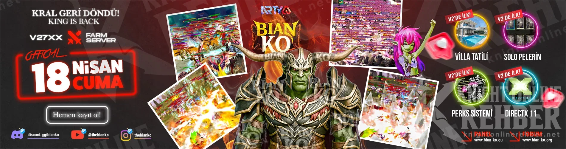 BianKO forum banner: King is back, V27XX farm server, official Friday April 18, with Villa Holiday, Solo Cape, Perks and DirectX 11 badges