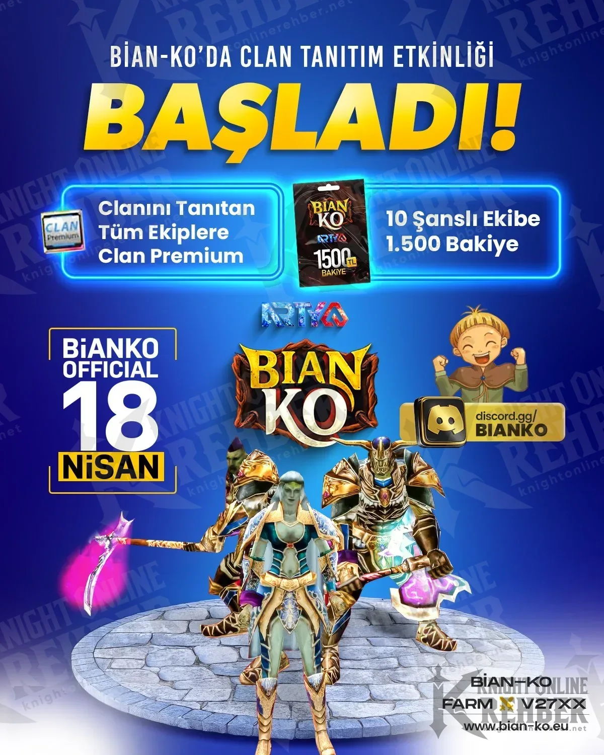 BianKO clan intro event poster: Clan Premium for every clan that joins, 1,500 balance for 10 clans