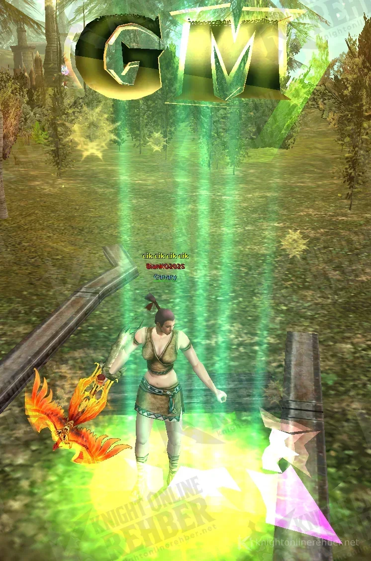 BianKO 25 April update: a flaming phoenix-shaped Ruler weapon on the ground next to a GM character