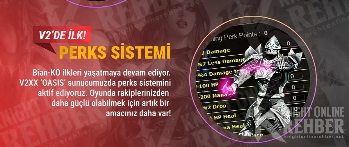 BianKO perks promo: a perk points window with 2% damage, 2% less damage, +100 HP, +200 mana and 2% drop lines behind an armored character