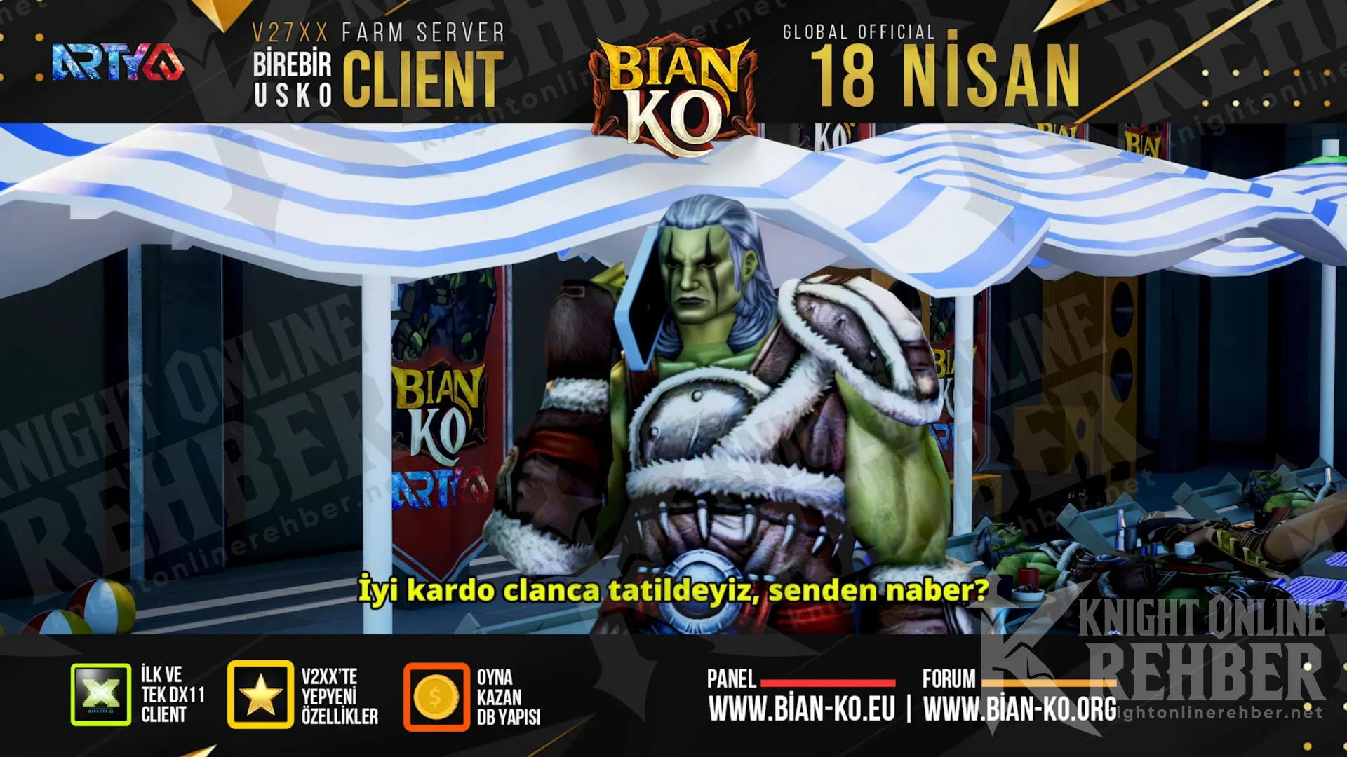 BianKO villa holiday poster: an orc character under a striped awning, V27XX farm server and official April 18 text