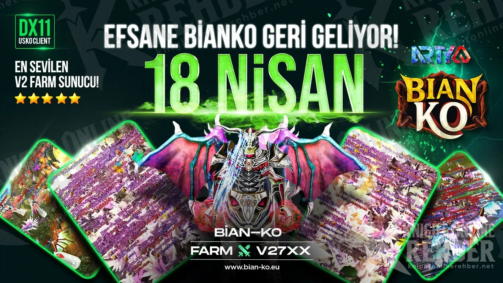 BianKO 18 April poster with DX11 USKO client, favourite V2 farm server and Bian-KO Farm V27XX text next to a winged armored character