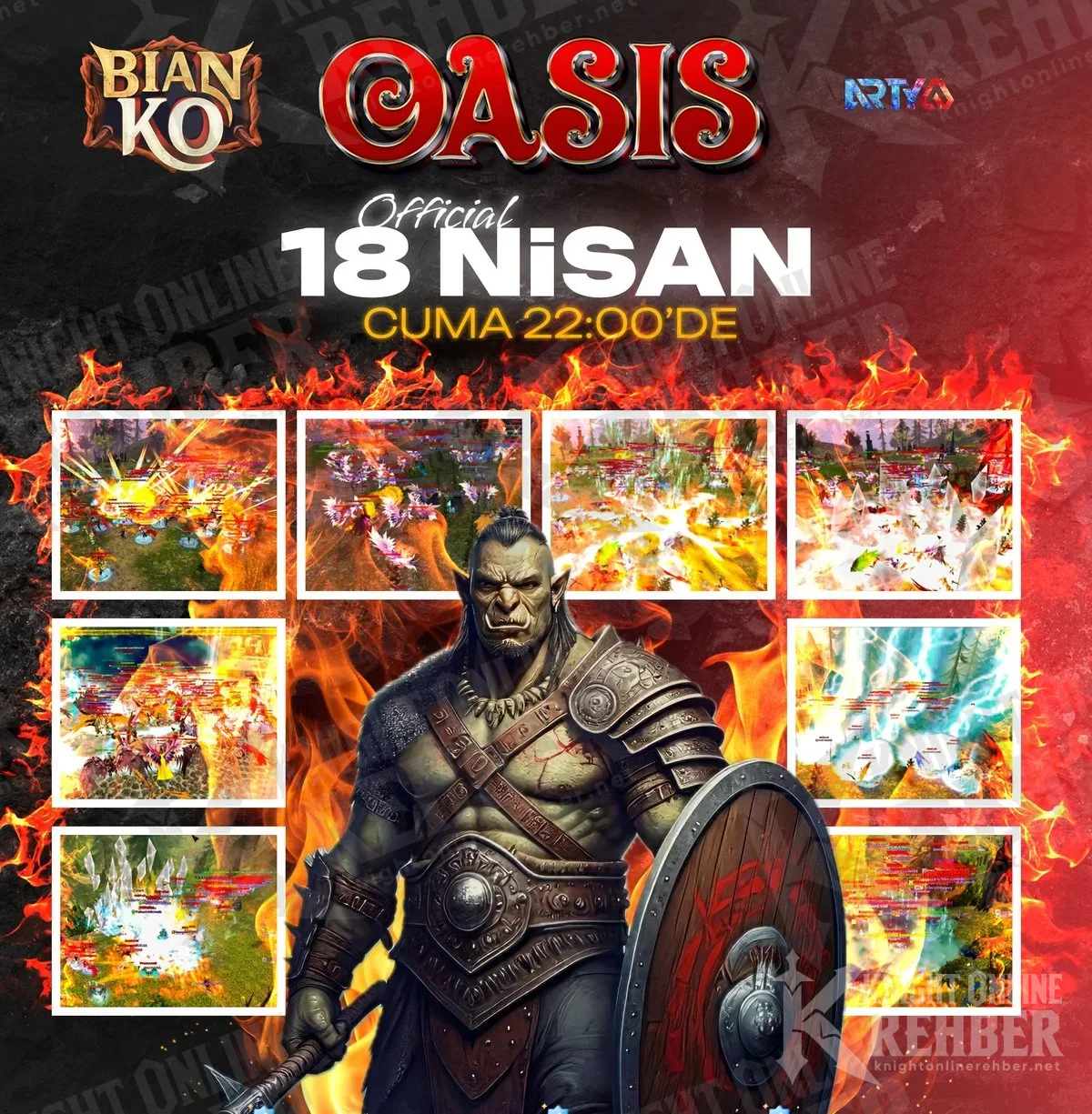 BianKO OASIS launch poster: official Friday 18 April 22:00, an orc with a shield and battle screenshots