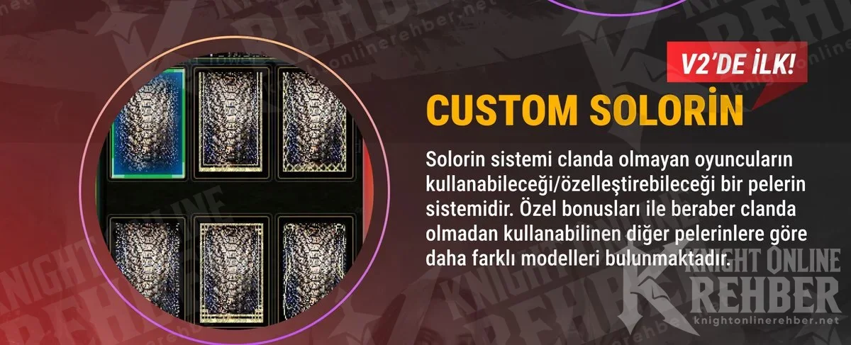 Custom Solorin section of the BianKO OASIS promo image: a cape selection window with several patterns and a description of the cape for players outside a clan